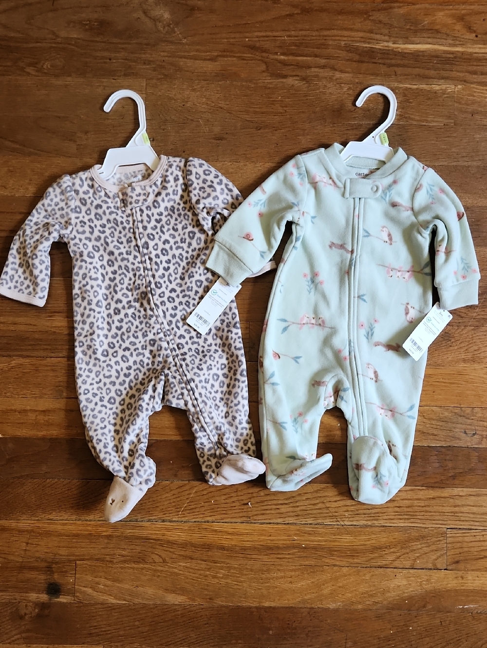 Carter's Mint Bird & Pink Leopard Footed One-Piece Sleepers - 2 Pack